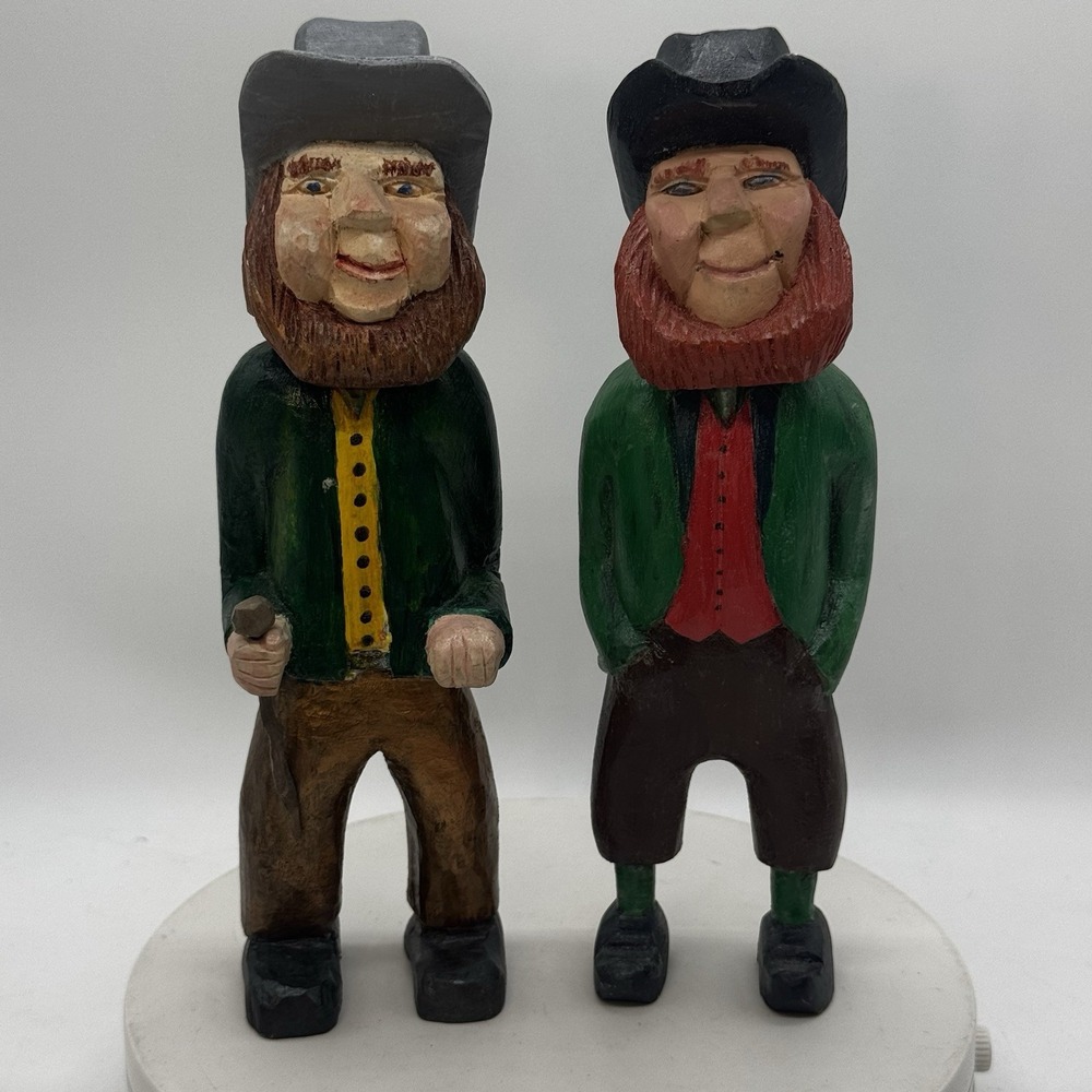 Hand Carved Painted Folk Art Wood Pioneer Lumberjack Figures Pair 8.5" Decor Vtg